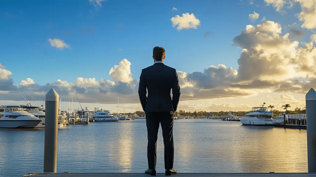 A criminal lawyer standing next to the harbour in Mackay City, QLD.