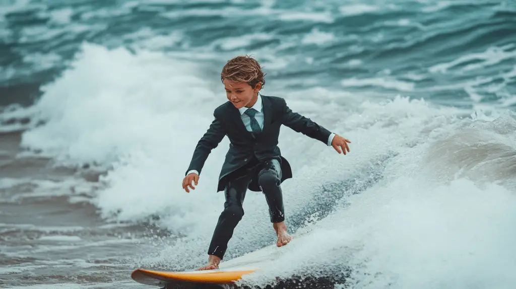 A young boy dressed up as a lawyer and riding a surfboard in Dee Why, Sydney.