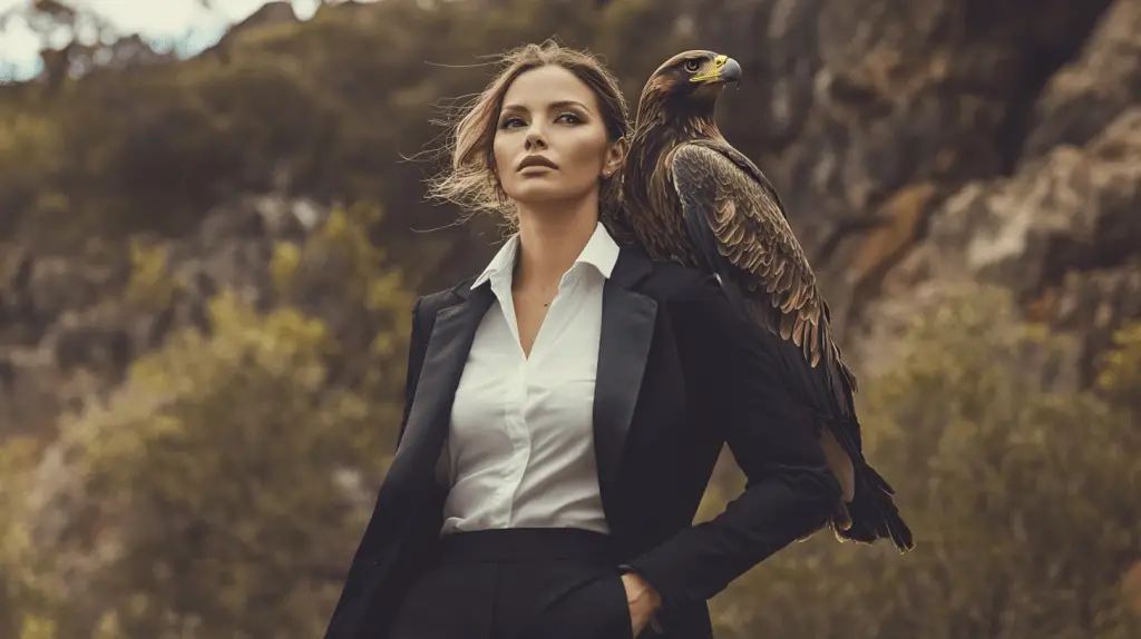 A criminal lawyers standing in the Eaglehawk wilderness with a wedge-tailed eagle on her shoulder.
