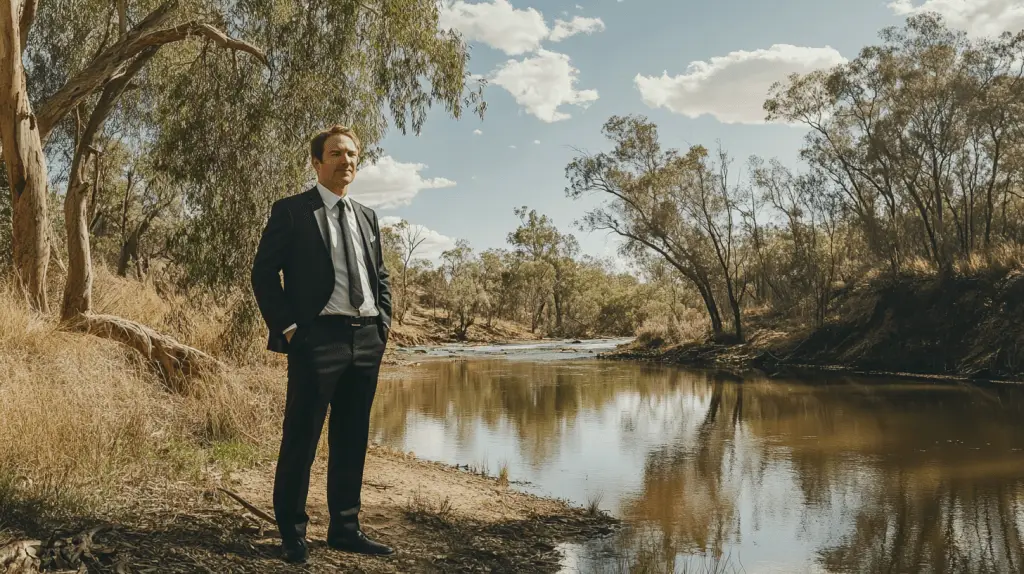 A Criminal Lawyer in a suit standing next to a river in Mooroopna.