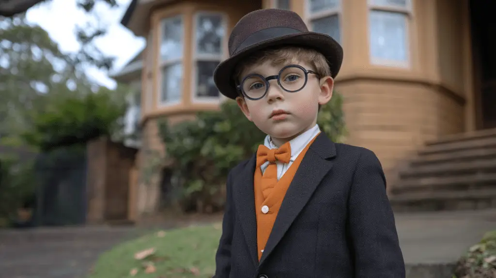 A young boy dressed up as a lawyer standing in front of Addington House in Ryde, Sydney.