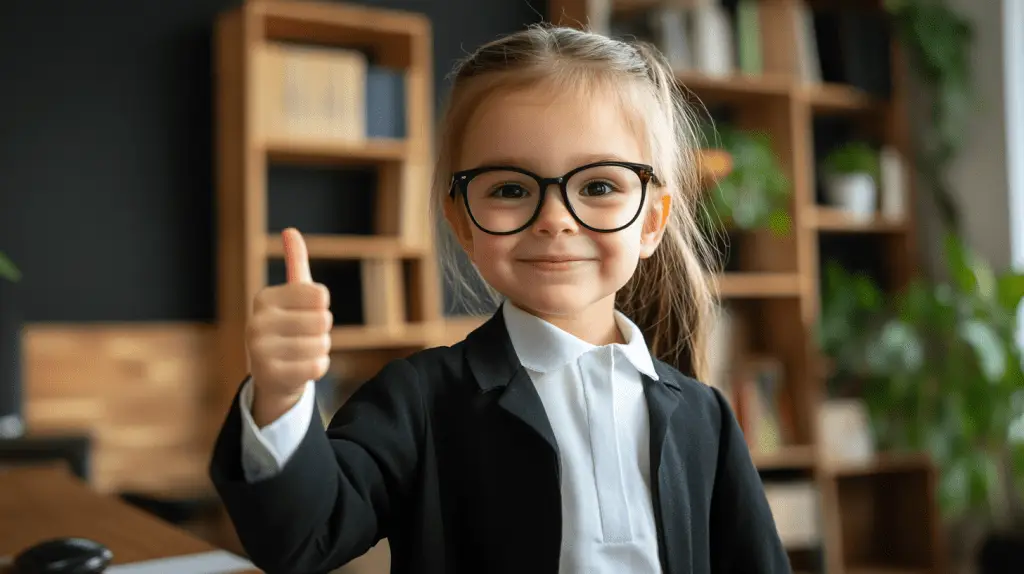 A young girl dressed up as a family lawyer in an office in Footscray, Victoria.