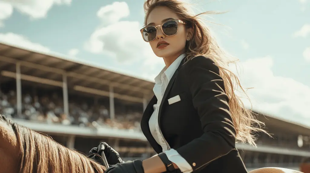 A family lawyer sitting on a horse at Caulfield, Melbourne.