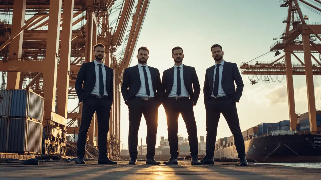Four family lawyers standing on the dock at Docklands, Melbourne.