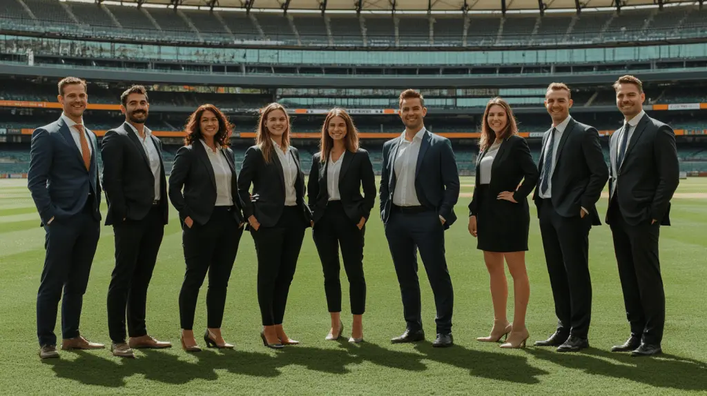 A group of family lawyers posing for a team photo at the Melbourne Cricket Ground.