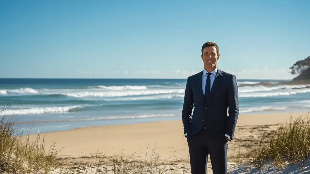 A family lawyer standing on the beach at Port Macquarie.