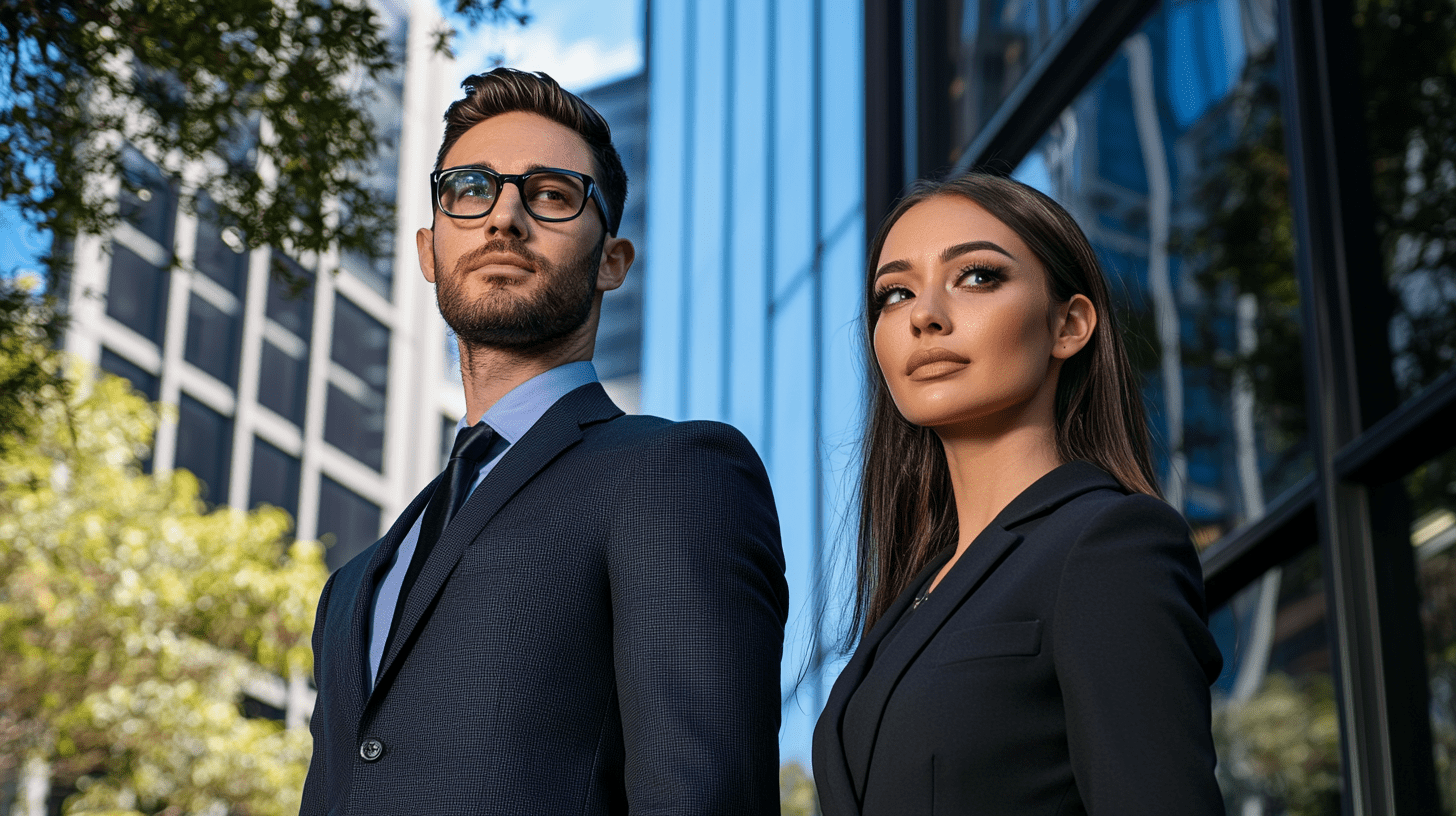 Two commercial lawyers standing outside their office.