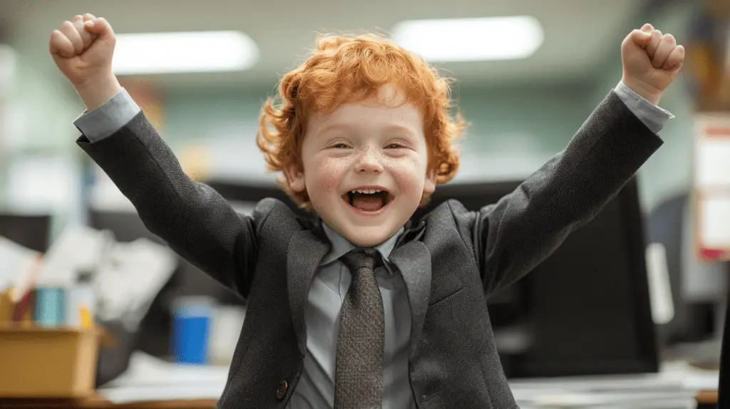 A young boy dressed up as an accountant and celebrating seo success.