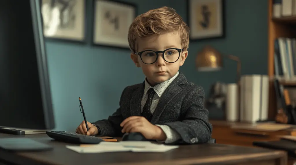 A young boy dressed as an accountant sitting at a desk working.