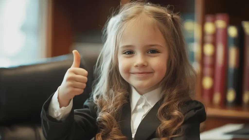A young girl dressed up as a personal injury lawyer in Castle Hill, Sydney.