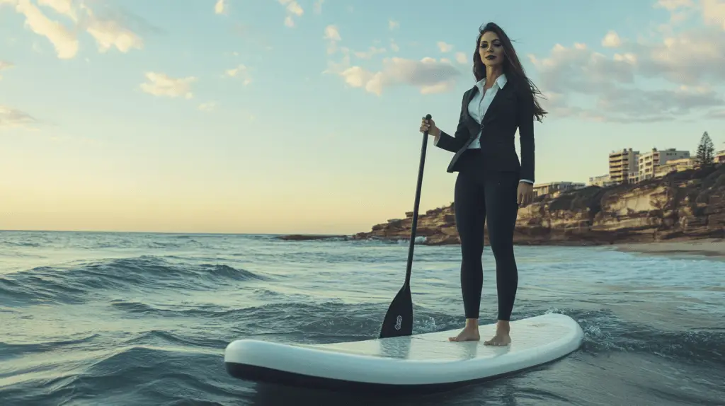 A personal injury lawyer standing on a paddle board at the beach at Dee Why, Sydney.