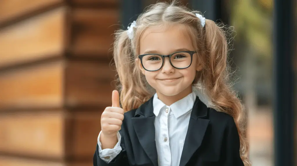 A young girl dressed up as a personal injury lawyer and standing outside her office in Frankston, Melbourne.