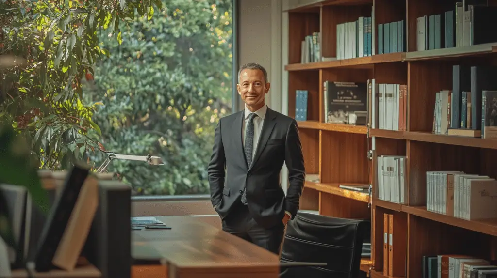 A personal injury lawyer standing in his office in Hornsby, Sydney.
