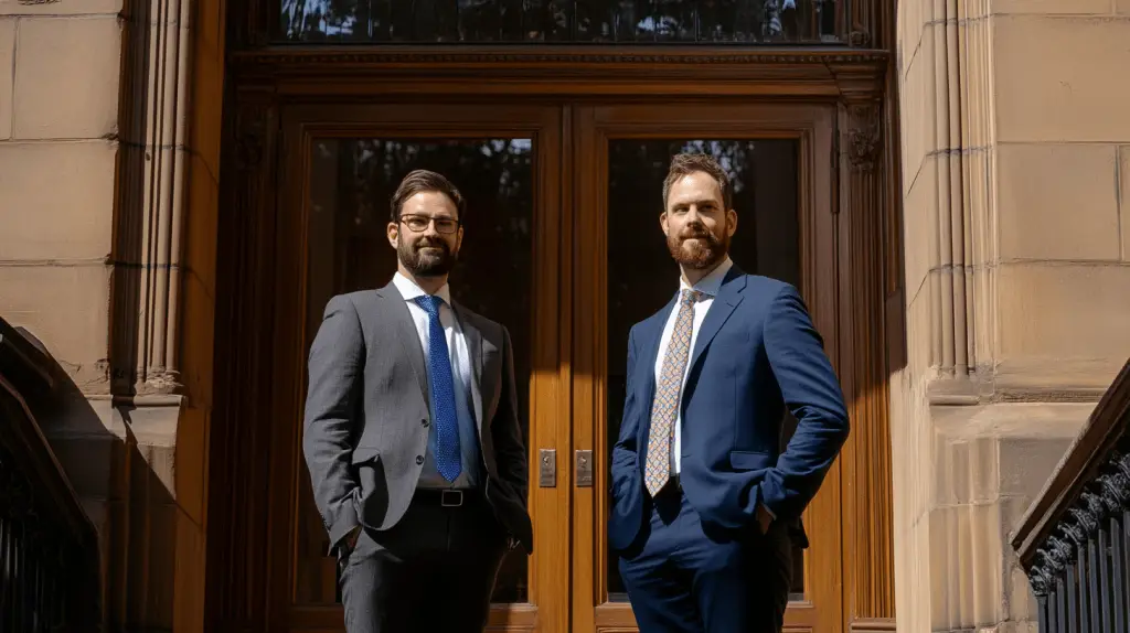 Two personal injury lawyers standing outside their office in Liverpool, Sydney.