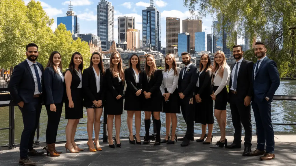 A team of personal injury lawyers posing for a team photo on the banks of the Yarra River in Melbourne.