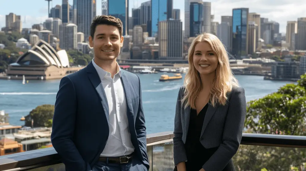 Two personal injury lawyers standing on a street overlooking Sydney Harbour in North Sydney.