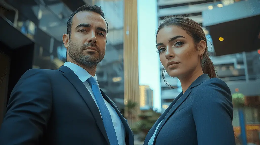 Two personal injury lawyers standing in St Leonards, Sydney.