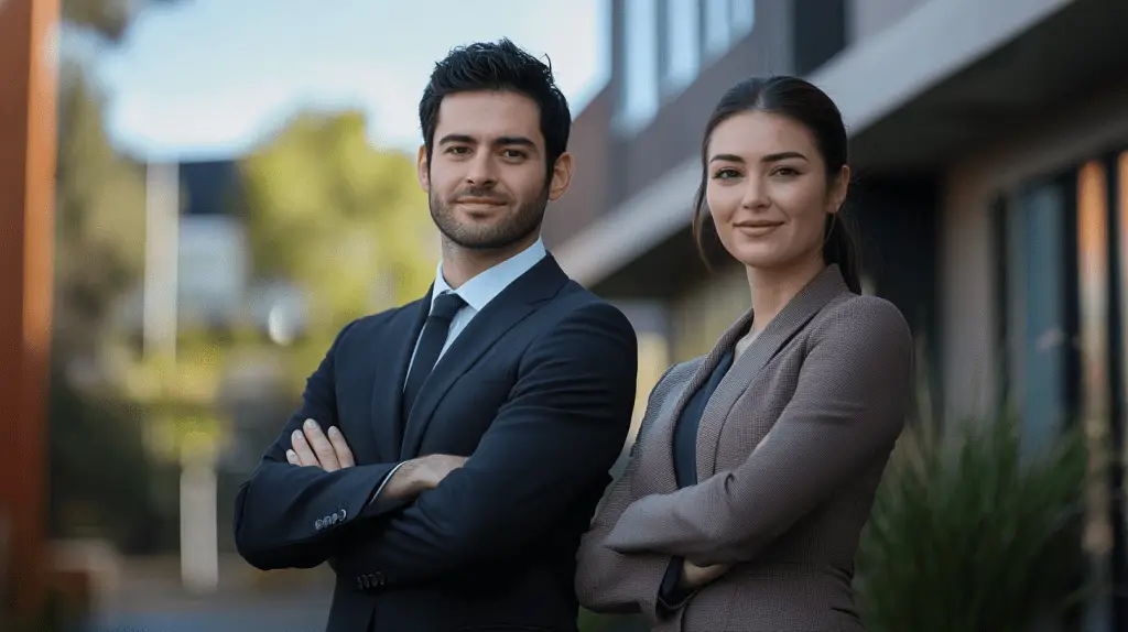 Two personal injury lawyers standing outside their office in Werribee, Melbourne.