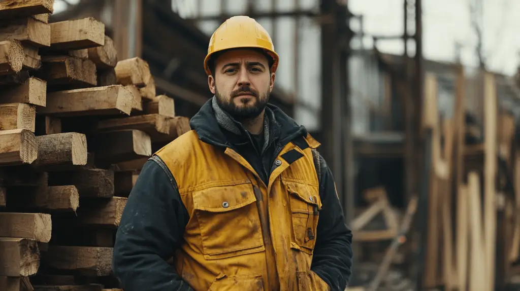 A Carpenter standing next to a pile of wood in his work wear.