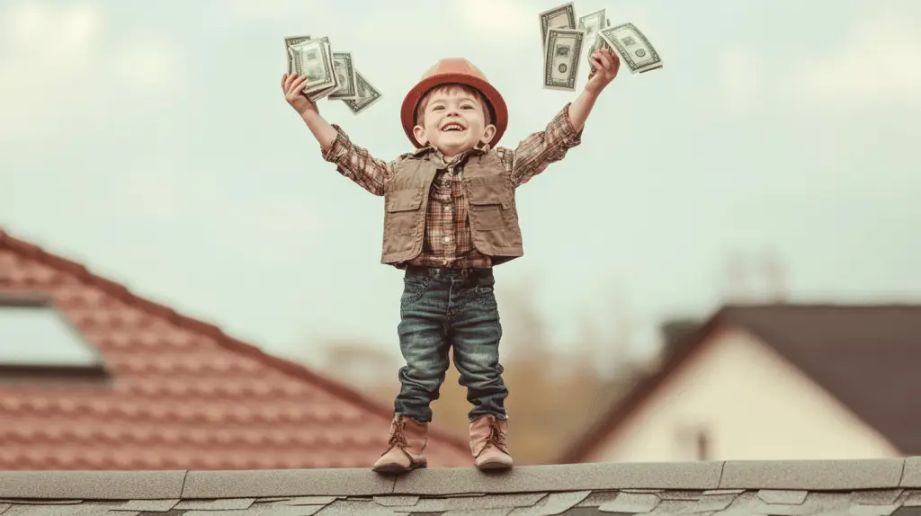 A young boy dressed as a roofing contractor standing on a roof and throwing cash into the air.