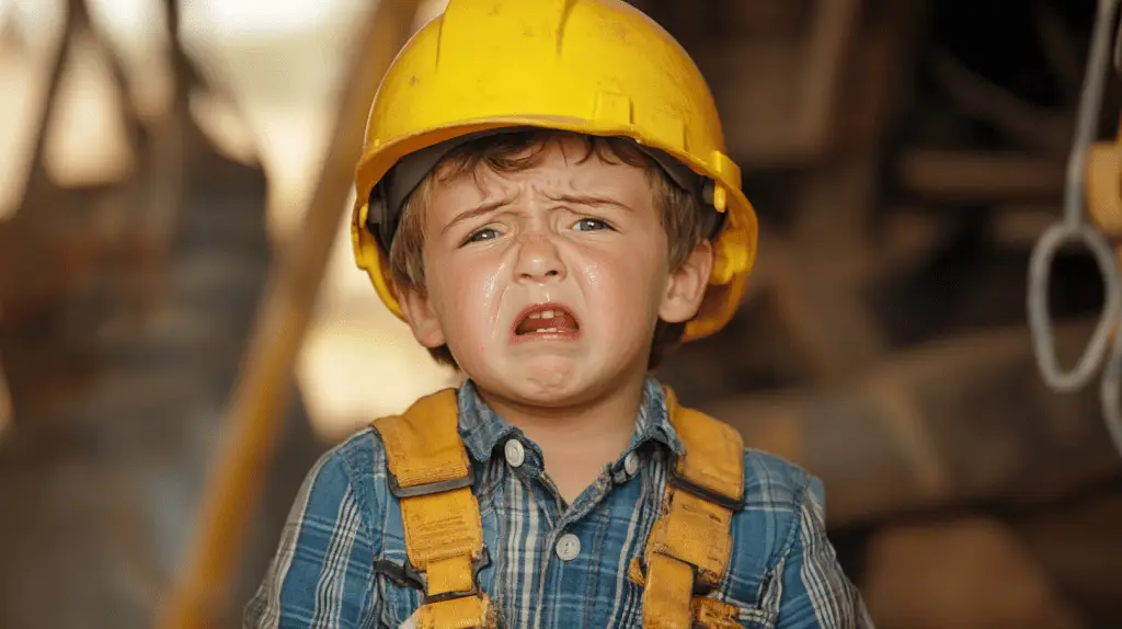 A young boy dressed up as an electrician and crying.