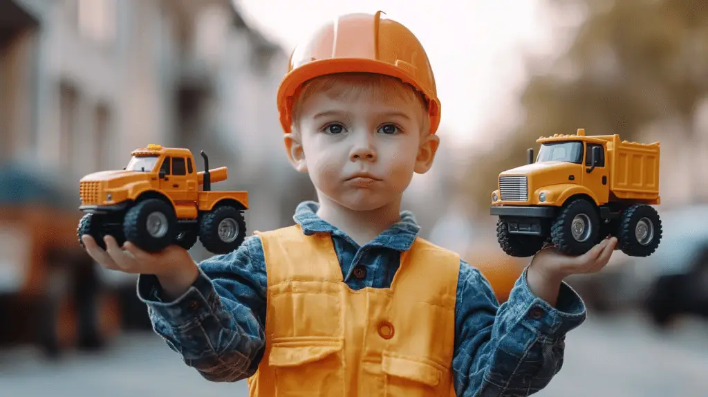 A young boy dressed as a tradesman holding two toy trucks in his hands.