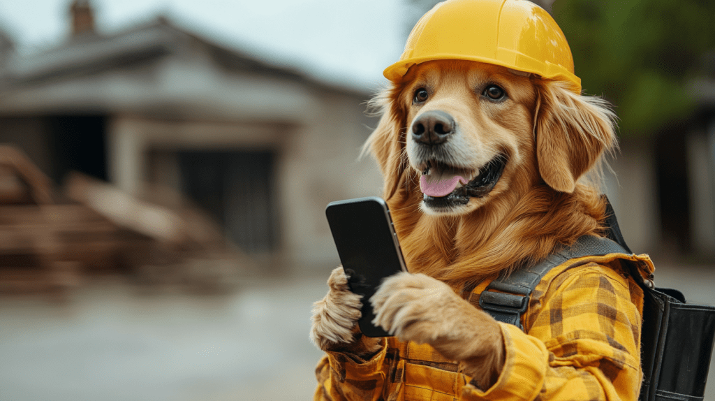 A dog dressed up as a Tradie and holding a mobile phone playing on social media.