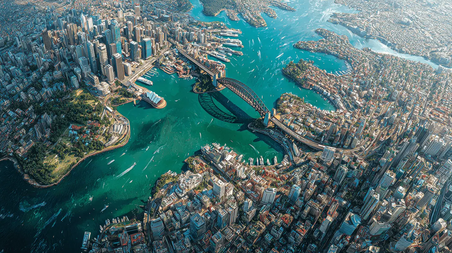 An arial photo of Sydney in 2025.