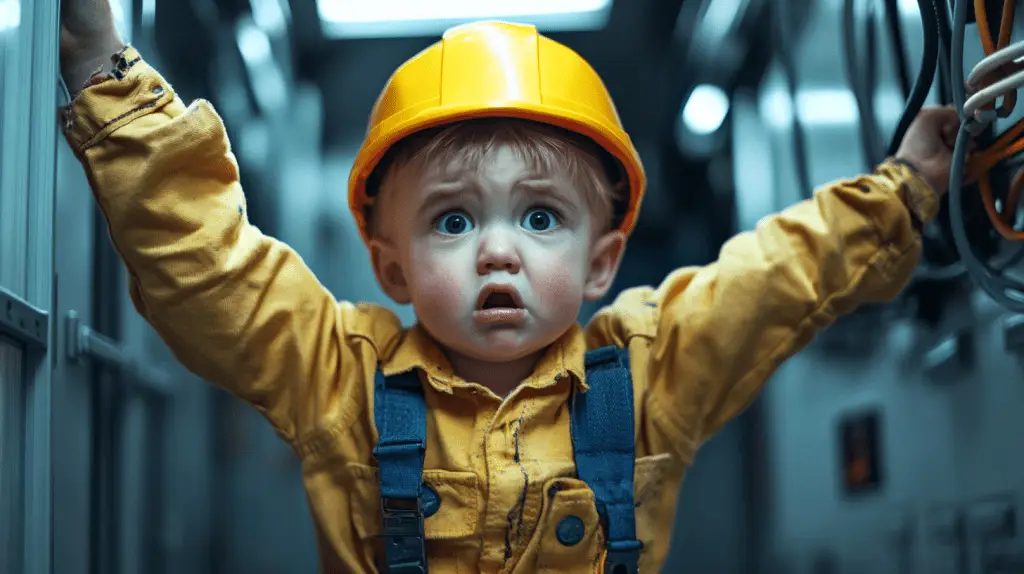 A young boy dressed up as an electrician.