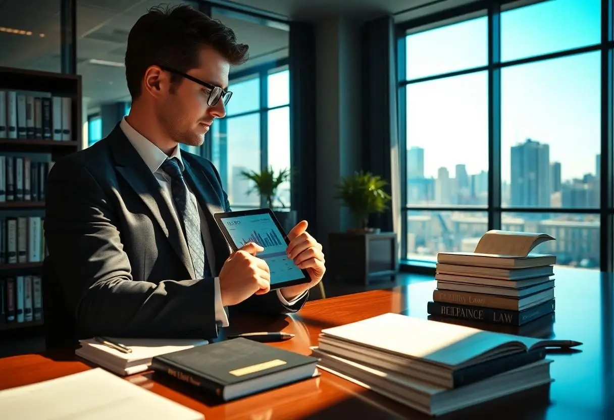 A family lawyer in his office holding a tablet with SEO data on it in Sunshine, Melbourne.