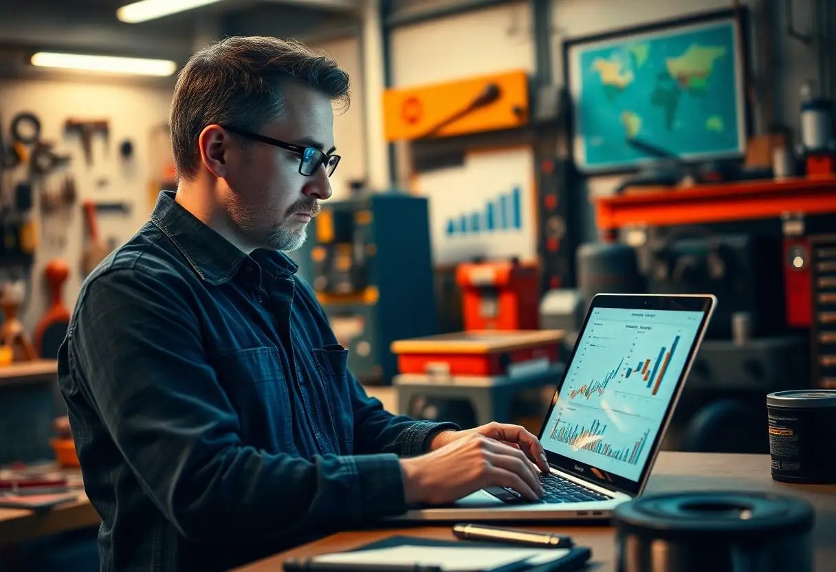 A tradesman working on his social media analytics in his workshop.