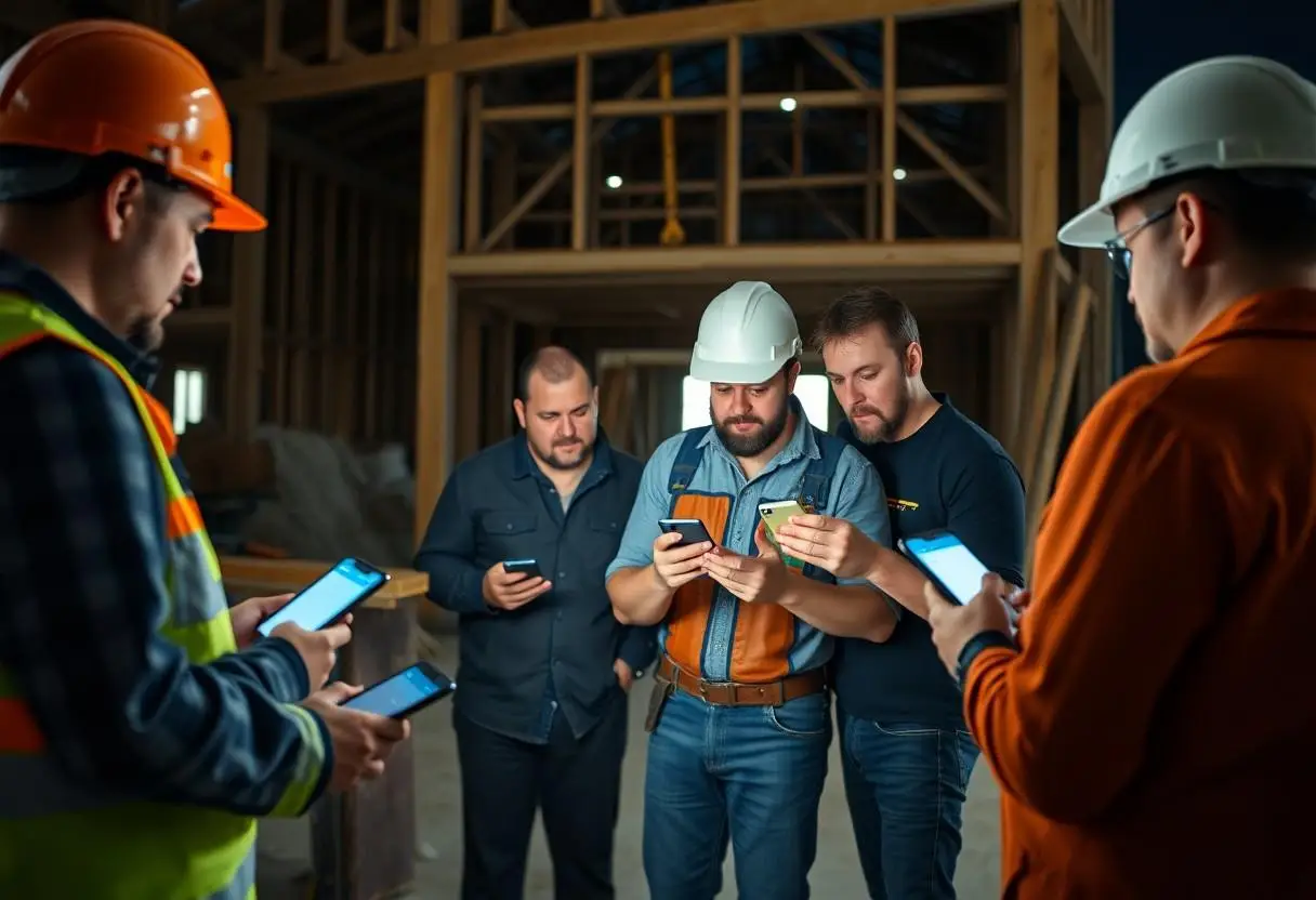 A team of tradespeople standing in a group and analysing their social media.