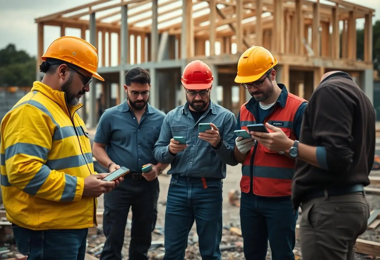 Tradespeople posting social media content.