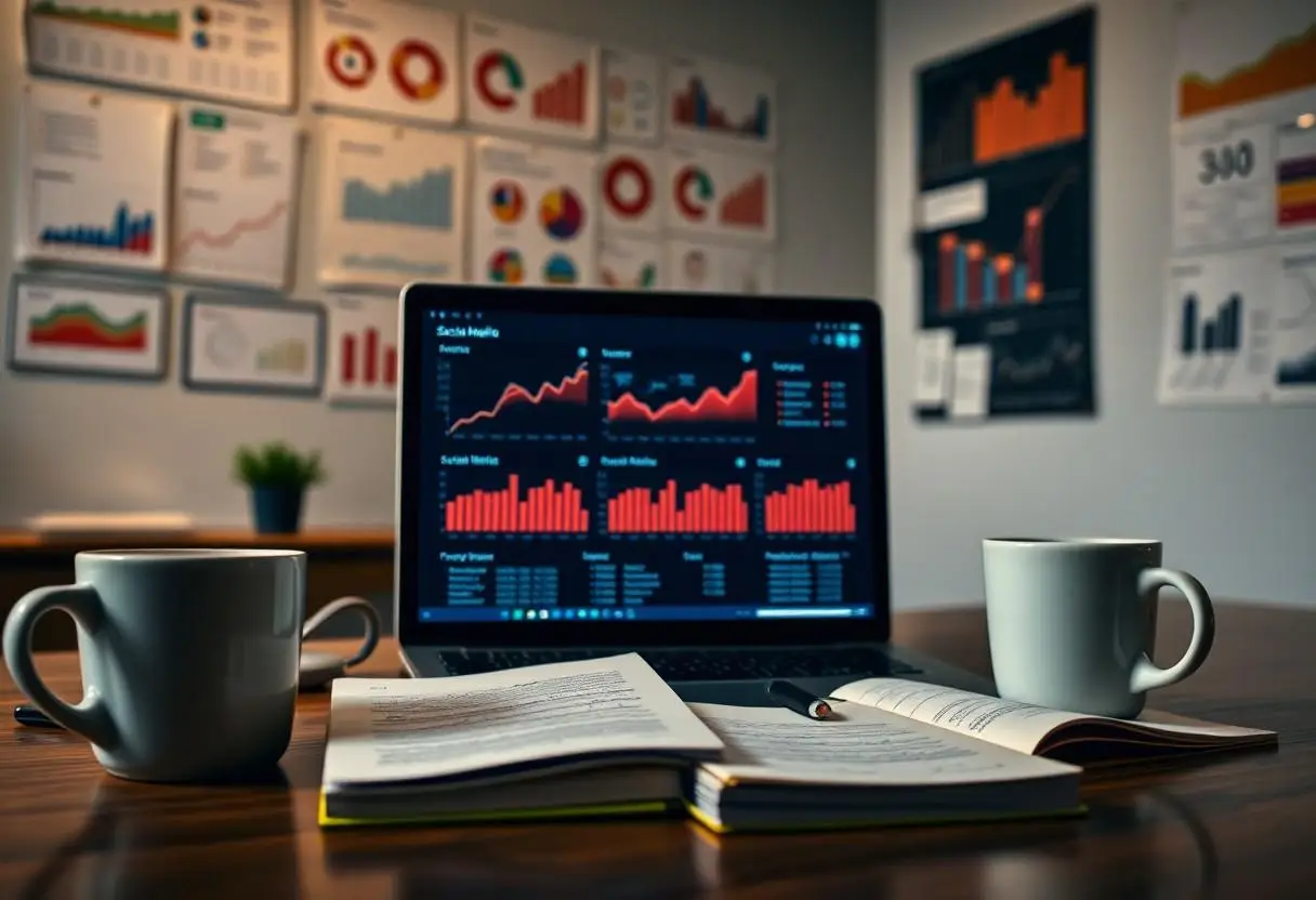 A laptop on a desk showing Social Media analytics.
