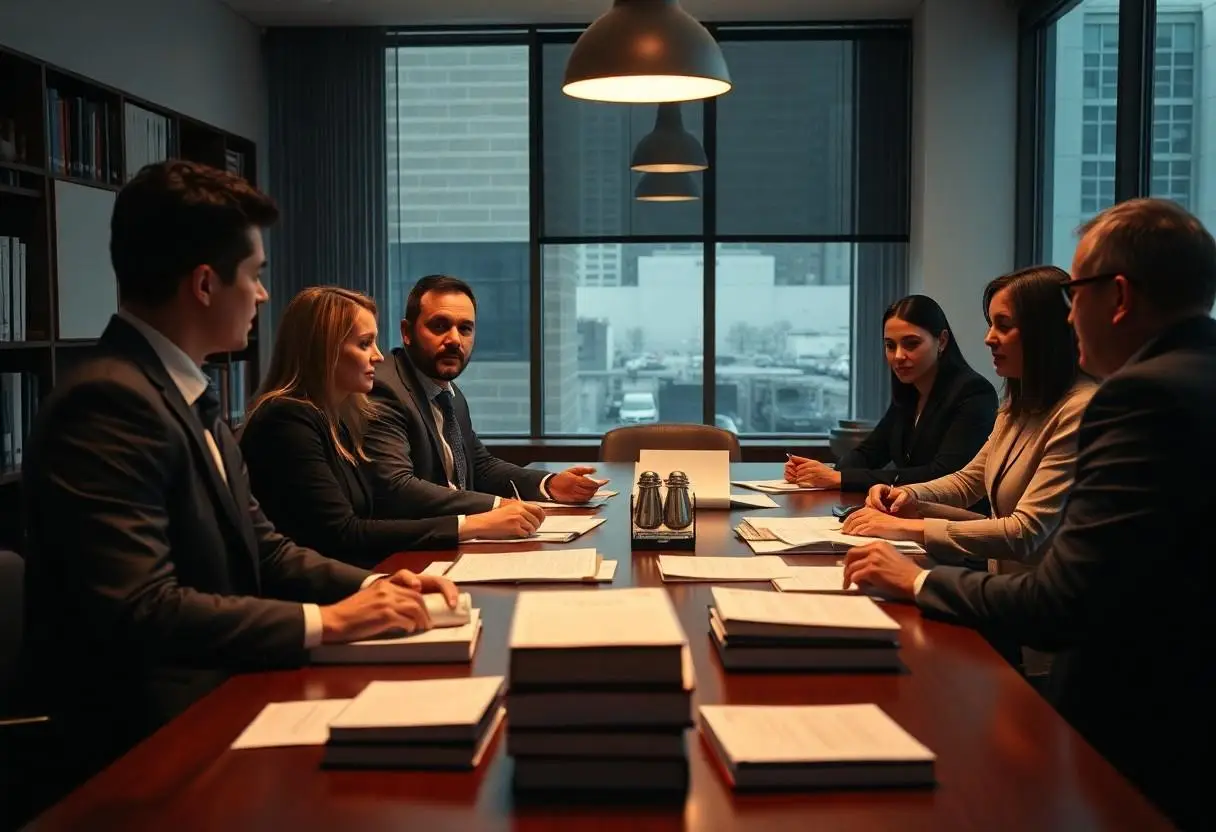 A group of family lawyers in a meeting room at their office in Box Hill, Melbourne.
