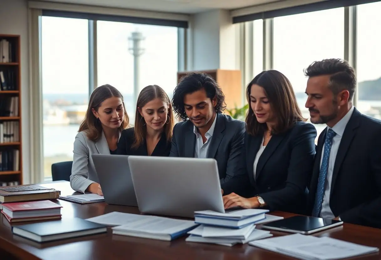 A team of family lawyers in a meeting room at their office working on a computer.