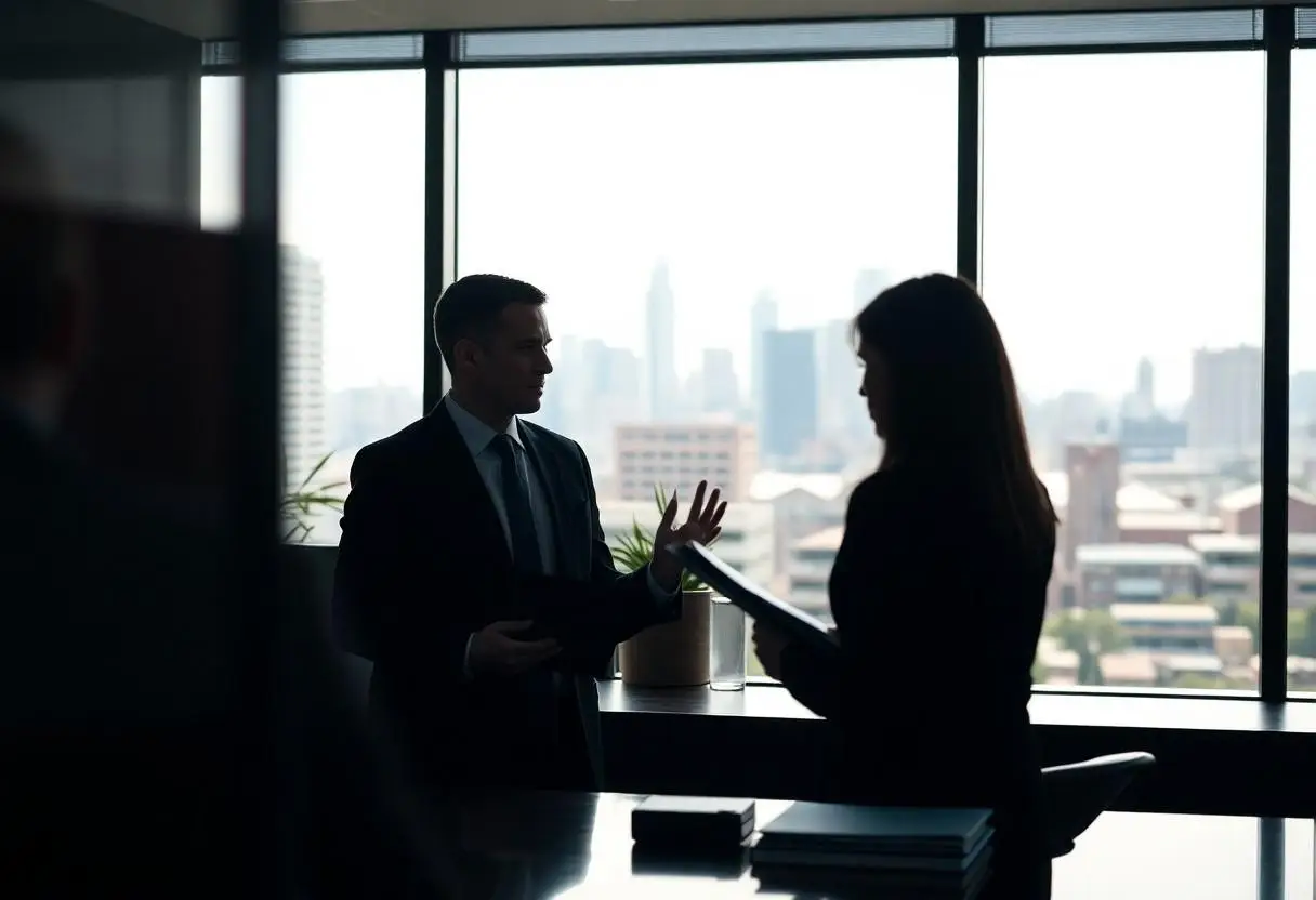 Two criminal lawyers discussing SEO in their office in Burwood, Sydney.