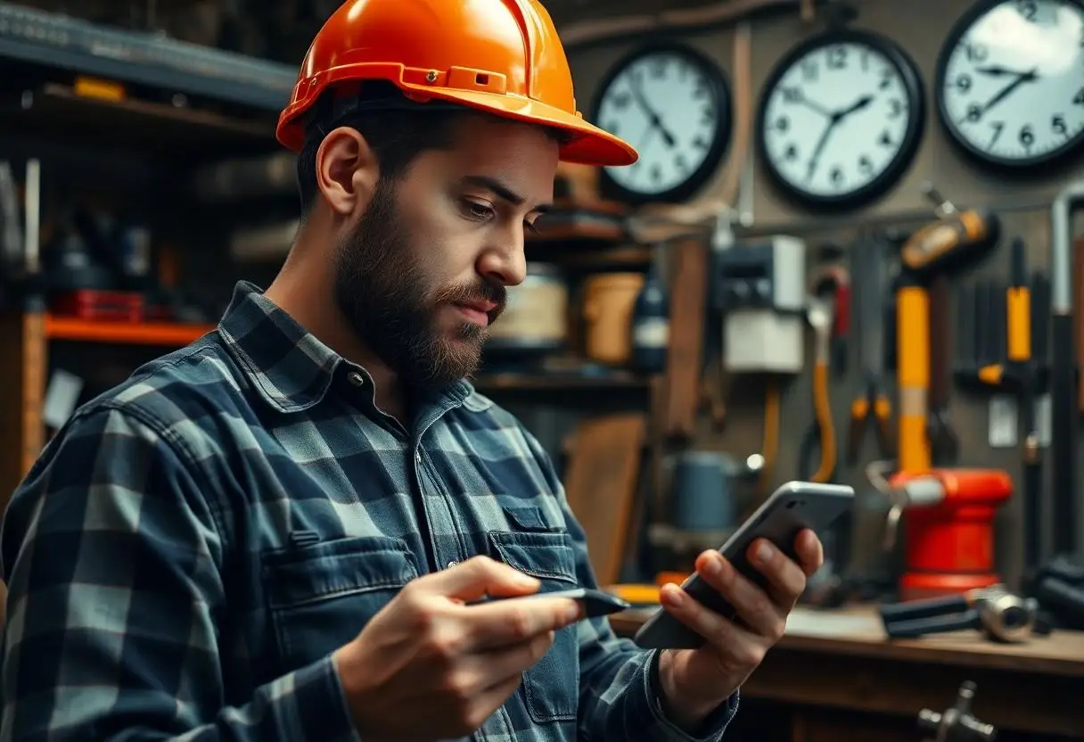 A tradesman standing in his workshop and looking at Social Media on his mobile.