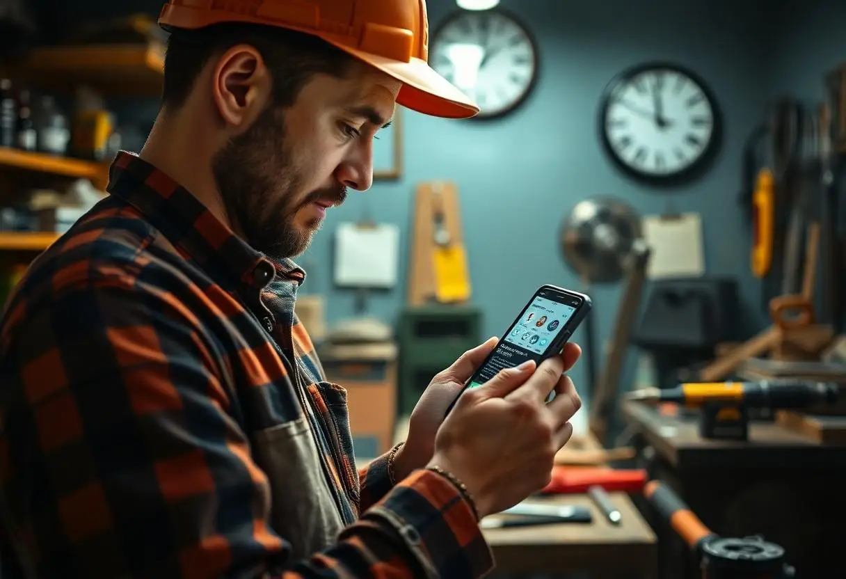 A tradesman scheduling content on his mobile phone.