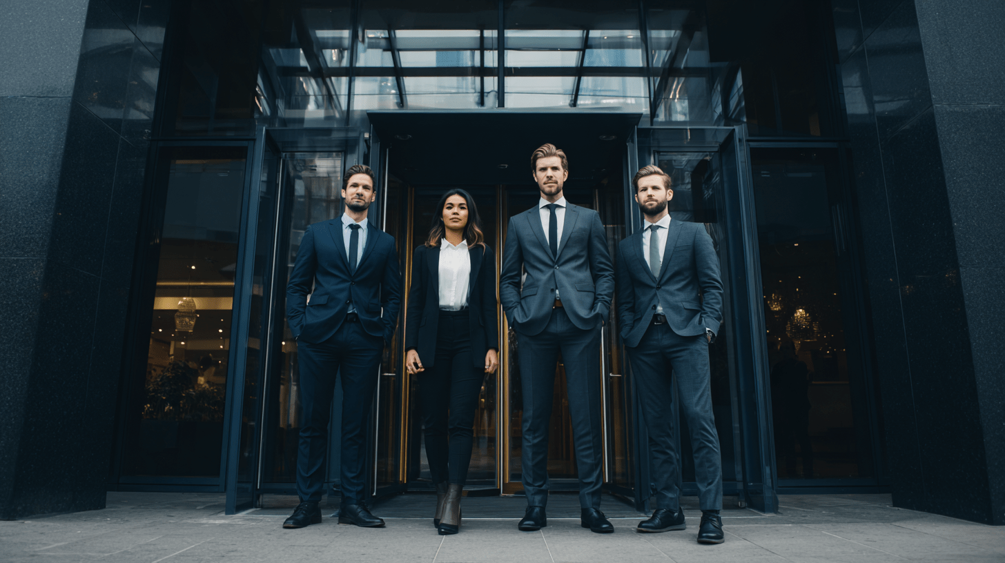 A team of accountants posing for a team photo at the entrance to their office.