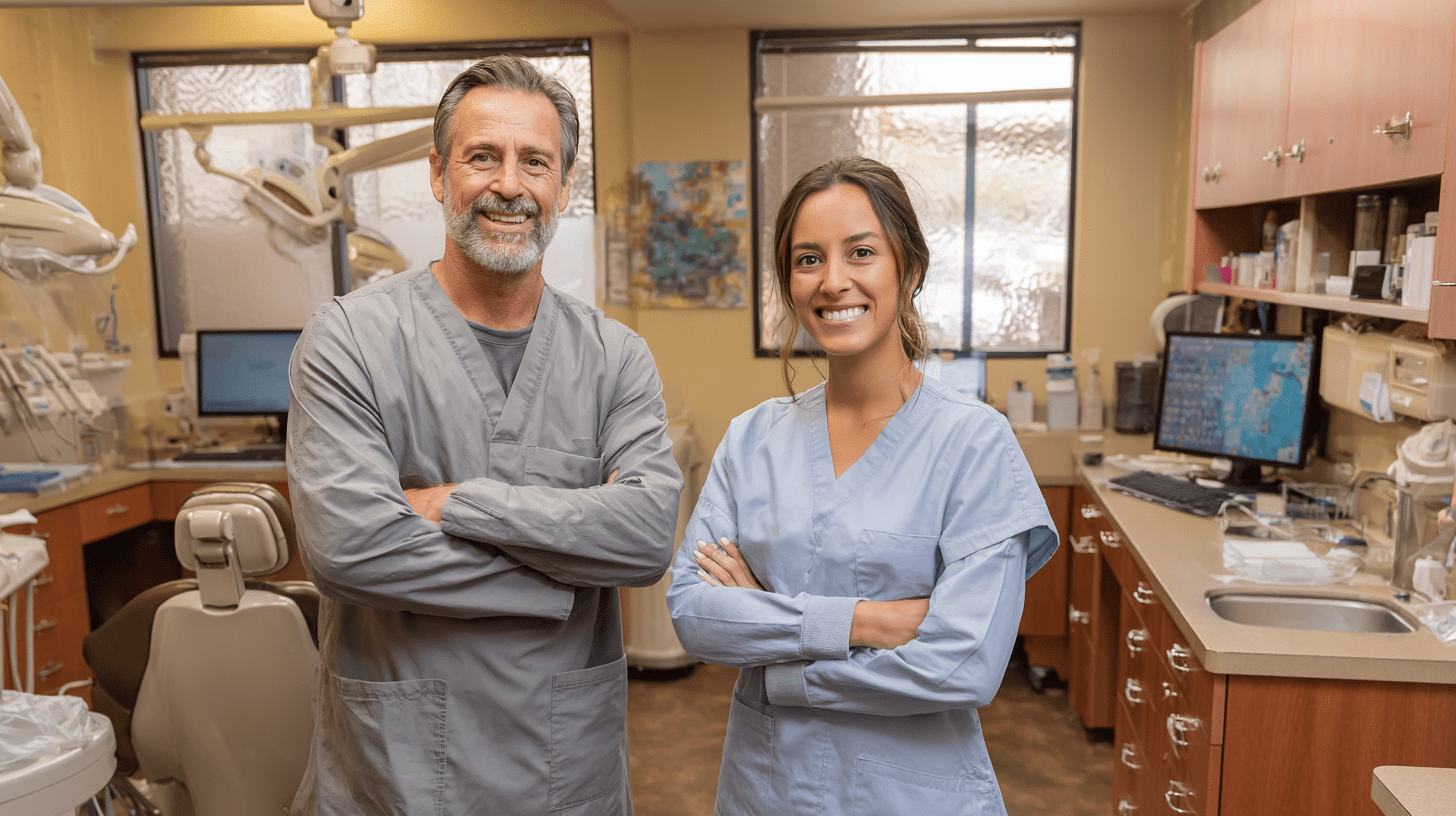 Two dentists standing in their clinic in Adams North, San Diego.