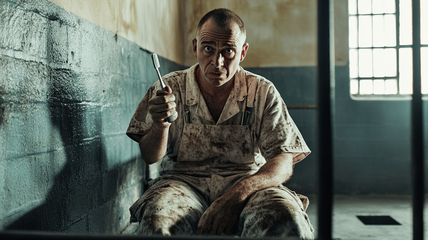 A resident on Alcatraz Island holding a tooth brush. 