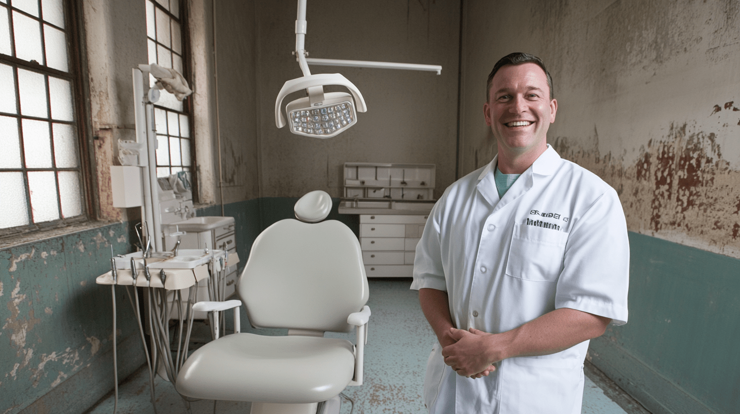 A dentist standing in his clinic on Alcatraz Island. 