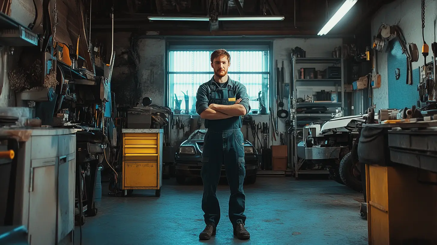 A mechanic standing in his workshop in Ballarat.