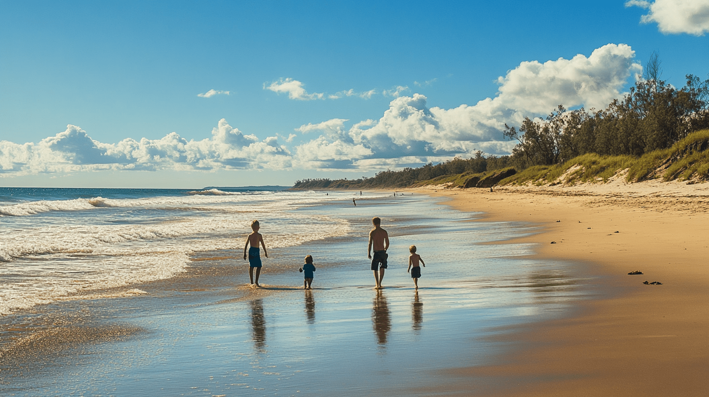 A family walking on the beach at Bargara.