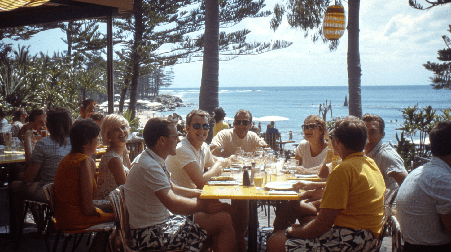 A group of friends at a restaurant on the Esplanade at Bargara.