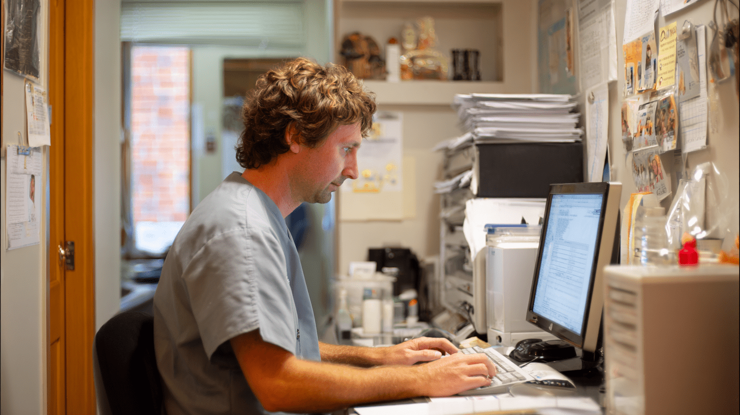A doctor in his clinic working on his SEO on his computer in Bendigo.