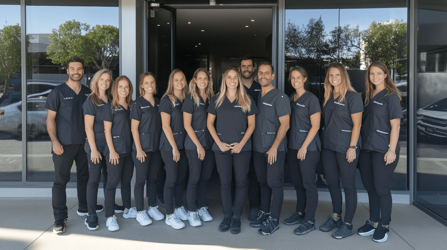 A team of dentists standing outside their clinic in Bondi, Sydney.