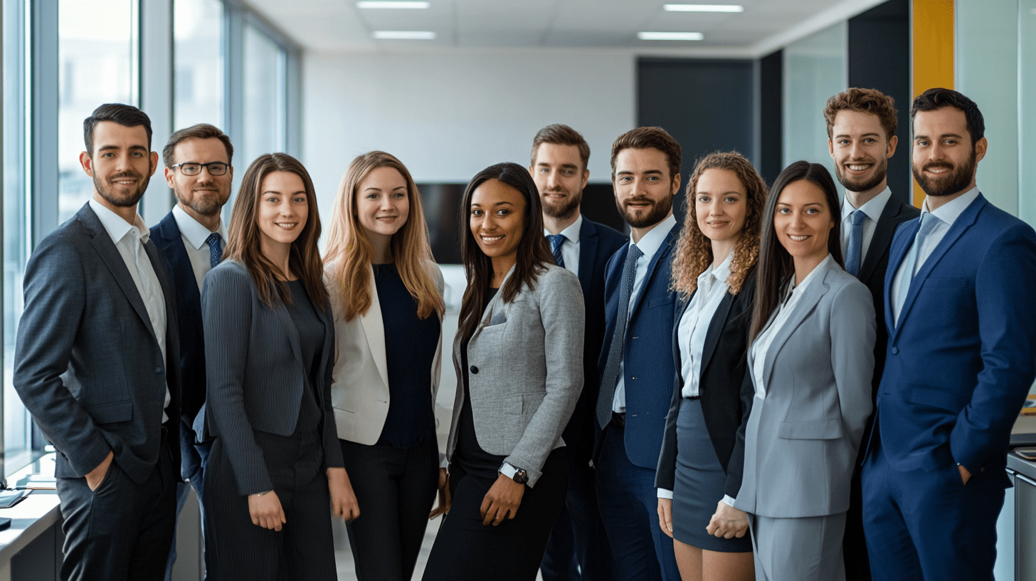 A team of accountants posing for a team photo in their office.