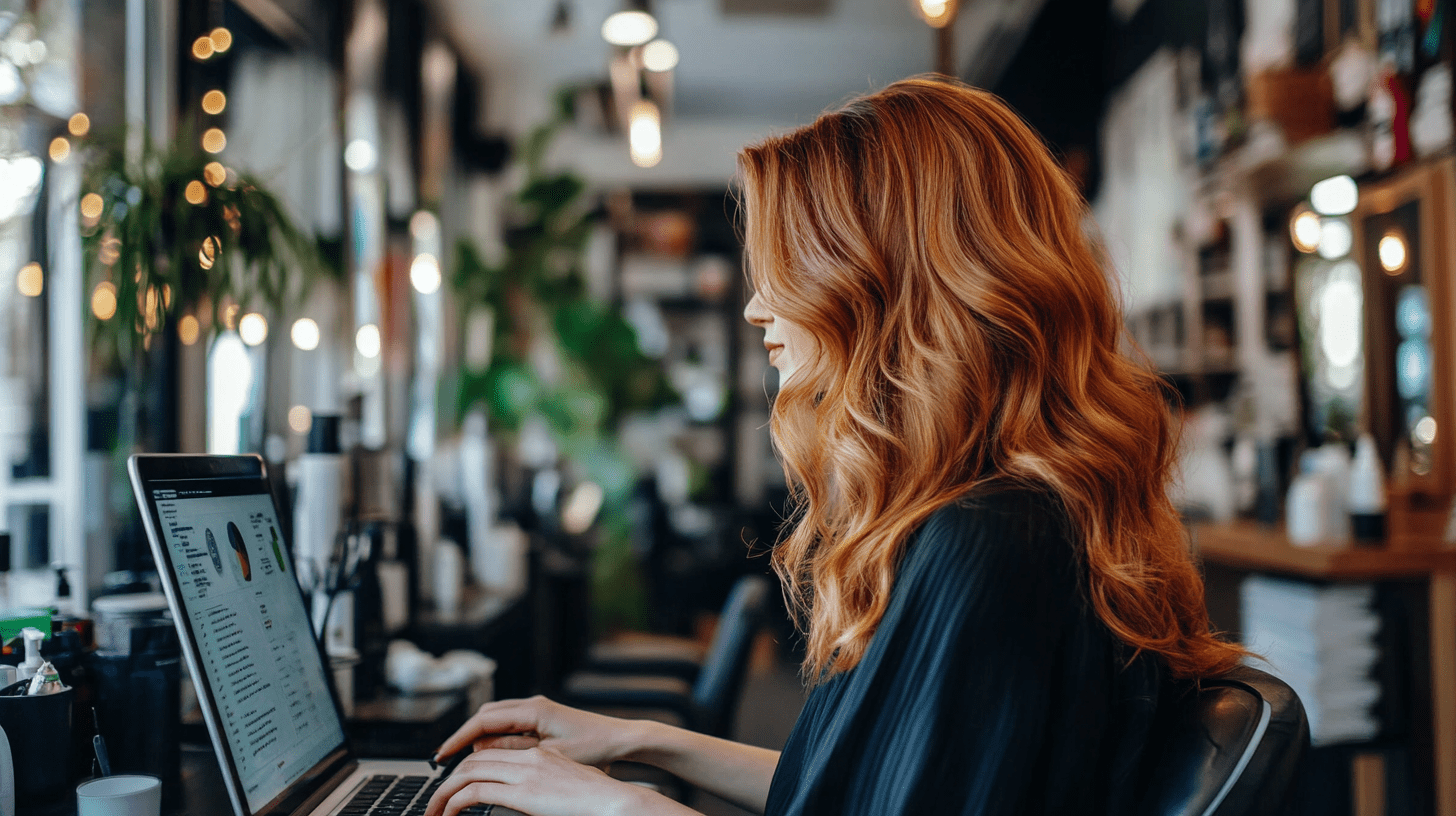 A business owner in her salon working on her SEO analytics.